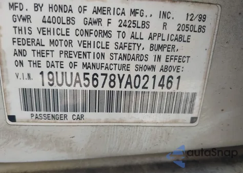 2000 Acura Tl 3.2 из США, поврежденный, VIN 19UUA5678YA021461